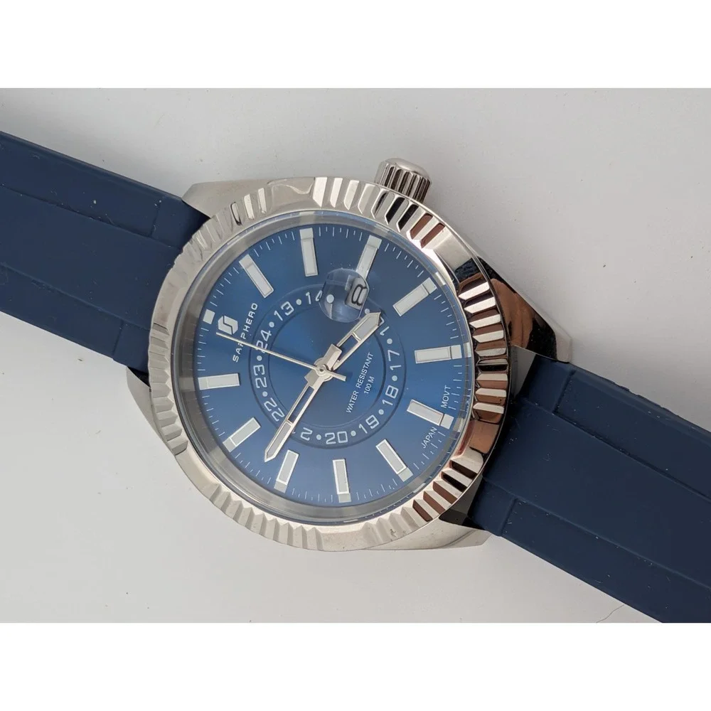 SAPPHERO Men's Quartz Watch 44mm Silver Case Blue Silicone Band- New Battery